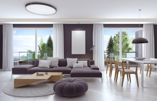 istock Luxury dark gray wall living room interior with dining table 671455992