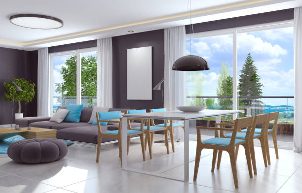 istock Luxury dark gray wall living room interior with dining table 671458062