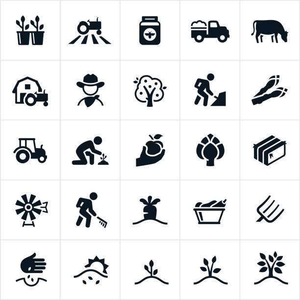 Farming and Agriculture Icons A set of single color farming and agriculture icons. The icons include farming, farmer, cowboy, crops, tractor, honey, farm truck, cow, livestock, apple tree, farmer working, growing, cultivating, asparagus, artichoke, hay bale, windmill, carrots, vegetables, pitch fork and planting to name a few. farmer symbols stock illustrations
