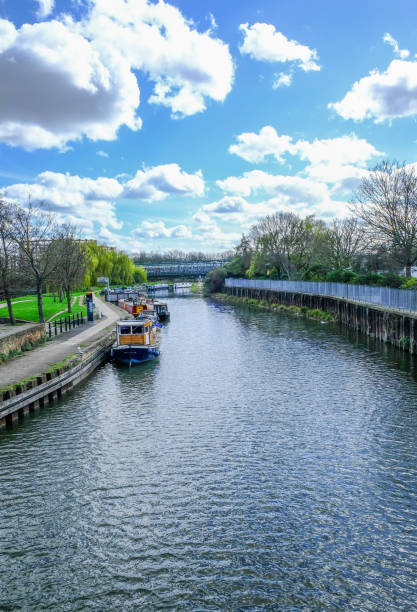 istock River Lea at Bow with longboats moored 671461916