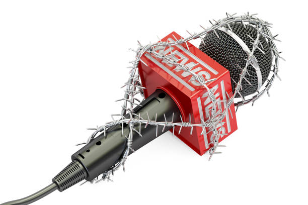 Freedom of press prohibition concept. Microphone with barbed wire, 3D rendering isolated on white background vector art illustration