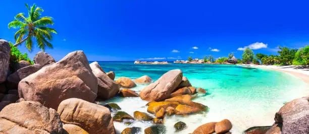 Unique granite rocky beaches of Seychelles islands