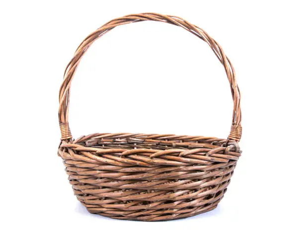 Photo of Wicker rattan basket isolated on white background.Old rattan basket