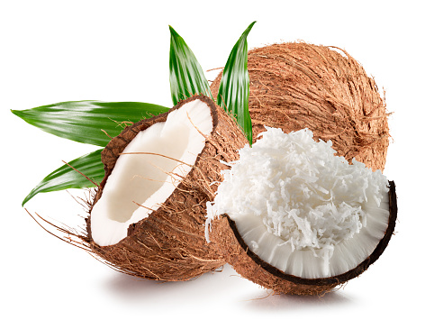 coconuts with coconut flakes isolated on a white background.