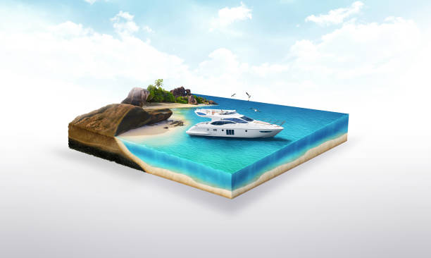 illustrazione 3d di una fetta di terreno, yacht sulla spiaggia, oceano che viaggia isolato su sfondo bianco - speedboat leisure activity relaxation recreational boat foto e immagini stock