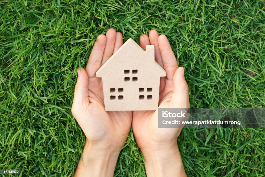 Eco house and green living concept Wooden house on green grass / Eco house Energy Efficient Stock Photo