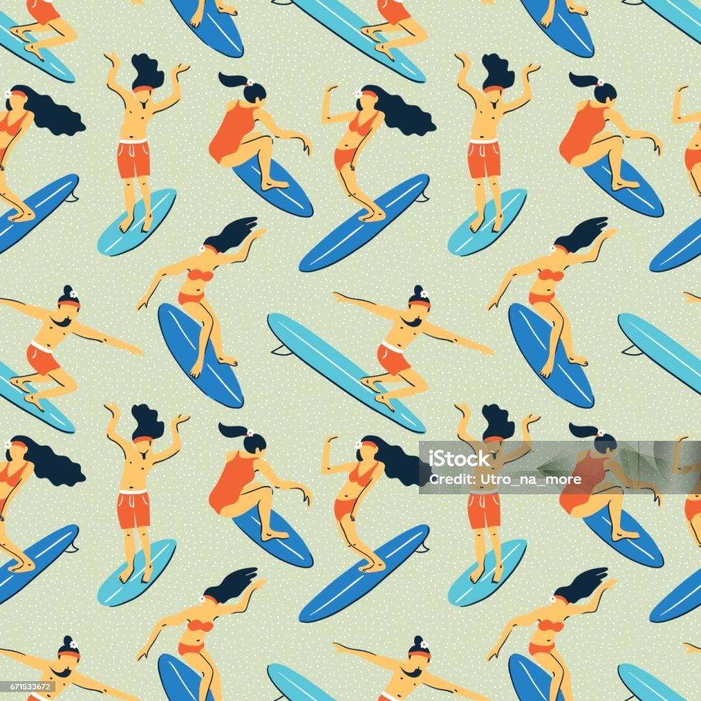 Seamless vector pattern with  surfers. Summer background. Adult stock vector