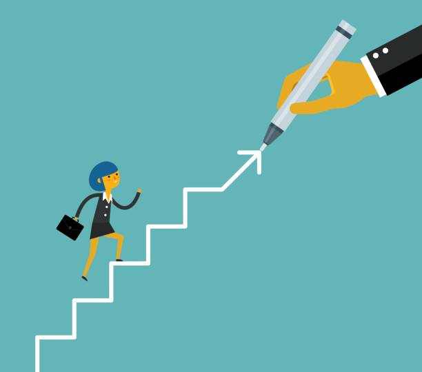 ilustraciones, imágenes clip art, dibujos animados e iconos de stock de escaleras de mano para una mujer de negocios - businesswoman winning competition staircase