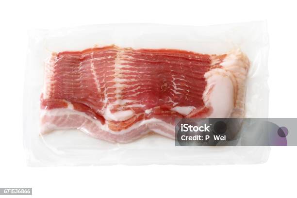 Bacon Package With Path On White Background Stock Photo - Download Image Now - Vacuum Packed, Bacon, Package