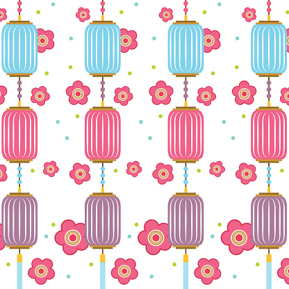 background of chinese lanters and pink flores decorations. colorful design. vector illustration