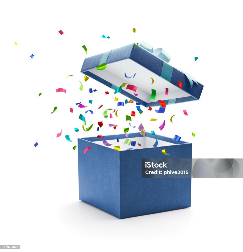 Confetti apareciendo de la caja de regalo azul - Foto de stock de Caja de regalo libre de derechos