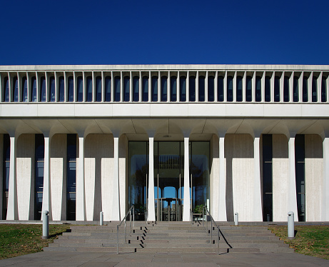 Princeton, NJ, USA - NOVEMBER 13, 2010: Princeton University's Robertson Hall is one of the newer buildings on campus. Frick Laboratories is seen in the background.