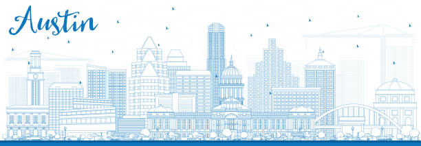 illustrations, cliparts, dessins animés et icônes de contour austin skyline avec bâtiments bleu. - austin texas skyline texas cityscape