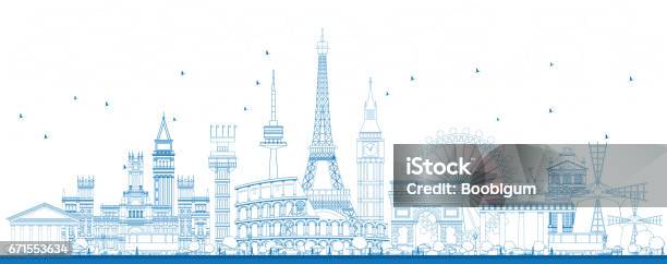 Outline Famous Landmarks In Europe Stock Illustration - Download Image Now - Capital Cities, Outline, Urban Skyline