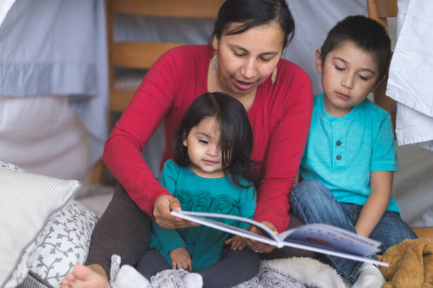 istock Native American mom reads with her two children under makeshift fort in living room 671560310