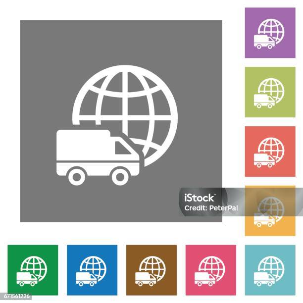 Icone Piatte Quadrate Di Trasporto Internazionale - Immagini vettoriali stock e altre immagini di Icona - Icona, Affari finanza e industria, Camion articolato