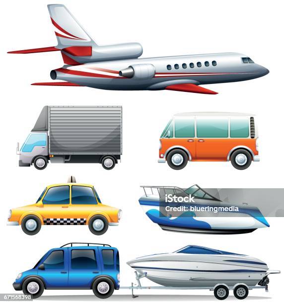 Different Transportations On White Background Stock Illustration - Download Image Now - Motor Home, Travel, Flying