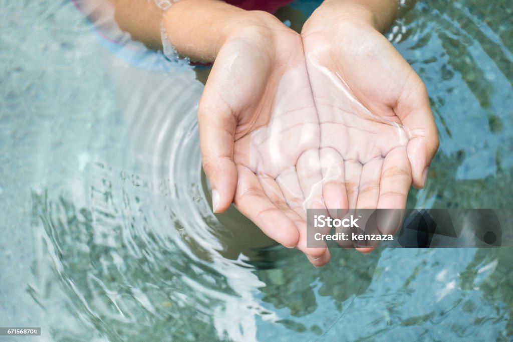 Clear natural water in woman hands. Water Stock Photo