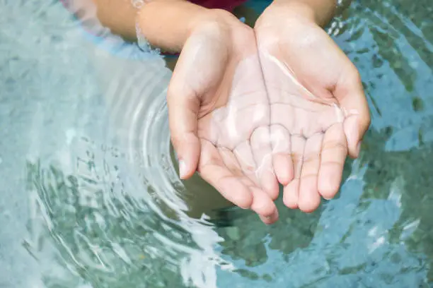 Photo of Clear natural water in woman hands.