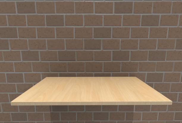 istock Empty top wood laminate floor shelves and irregular brick wall background. 671575908