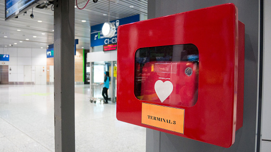 CPR equipment defibrillator install in public location in the departure airport.