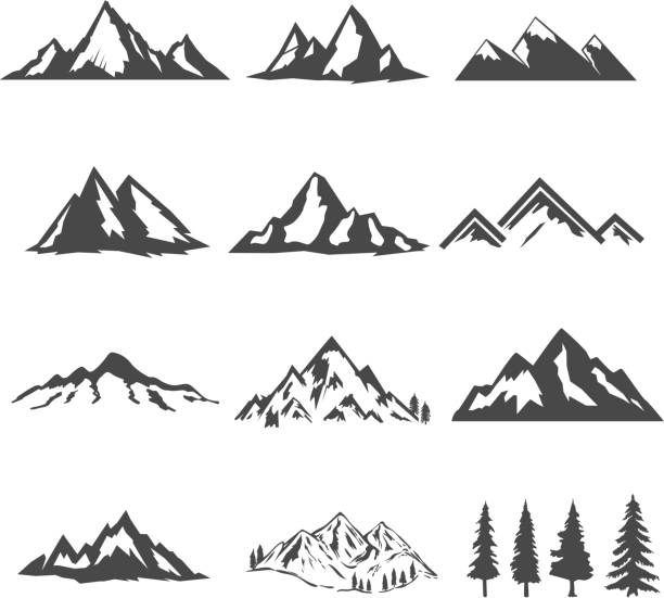 ilustraciones, imágenes clip art, dibujos animados e iconos de stock de conjunto de las ilustraciones de montañas aisladas sobre fondo blanco. elementos de diseño para el icono de etiqueta, emblema, señal, marca. - mountain range