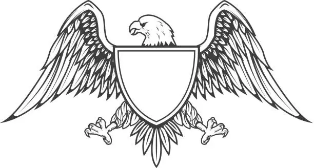 Vector illustration of Eagle with shield isolated on white background. Design element for emblem, badge. Vector illustration.