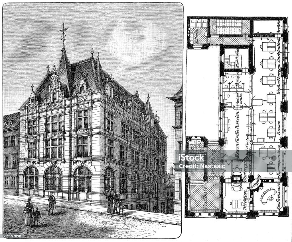 Bohemian Union Bank in Reichenberg in Bohemia Antique illustration engraving of a bohemian Union Bank in Reichenberg in Bohemia 19th Century stock illustration