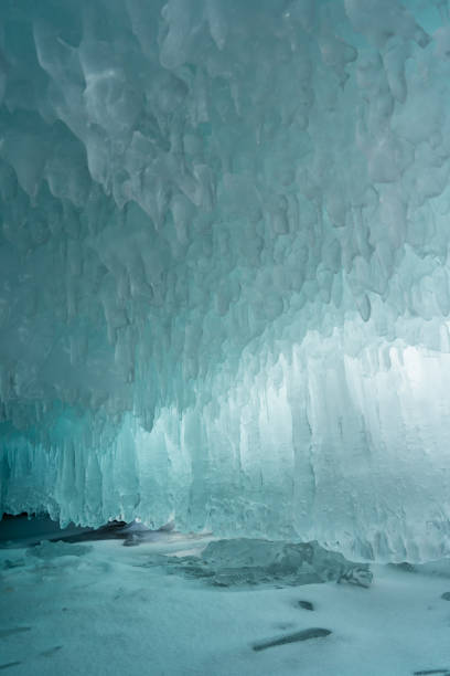 Ice cave on Olkhon island on Baikal lake in Siberia at winter time