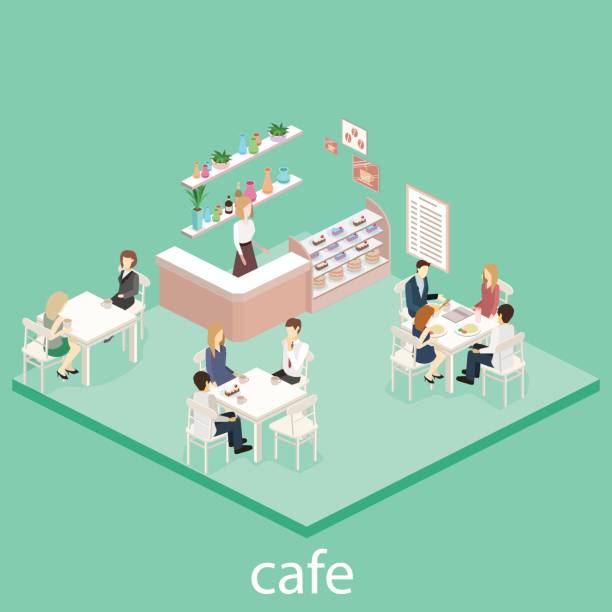 ilustraciones, imágenes clip art, dibujos animados e iconos de stock de interior de vector plano 3d isométrico de una cafetería o cantina. - isometric people cafe coffee shop