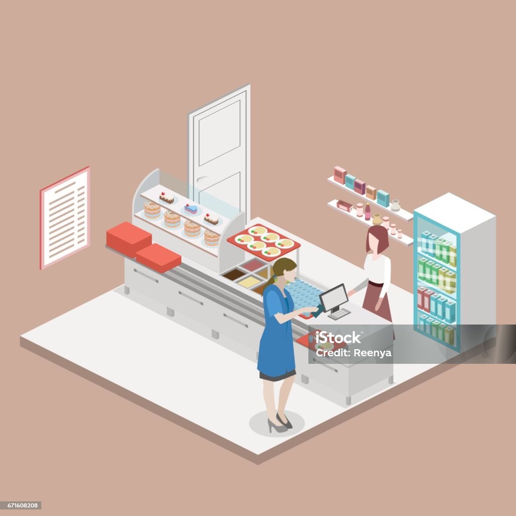 Isometric flat 3D vector interior of a coffee shop or canteen. Isometric flat 3D concept vector interior of a coffee shop or canteen. Cafeteria stock vector