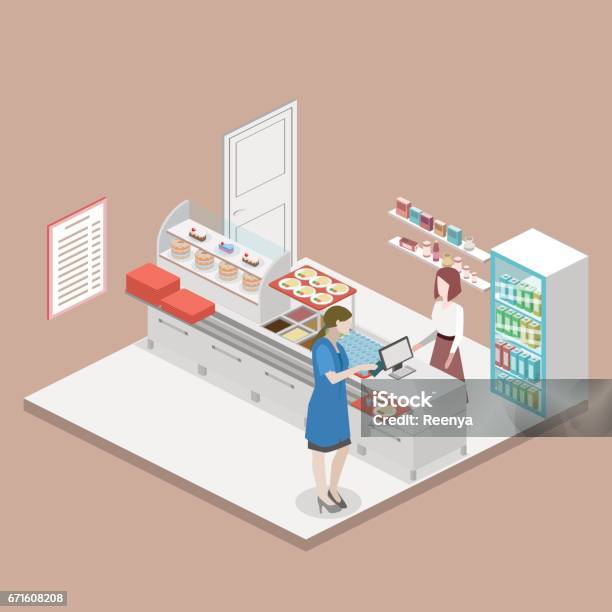 Isometric Flat 3d Vector Interior Of A Coffee Shop Or Canteen Stock Illustration - Download Image Now