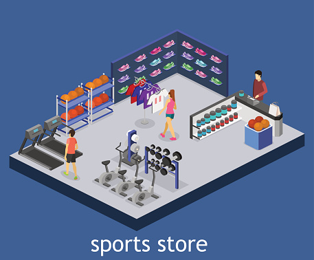 Isometric flat illustrated isolated concept vector goods for the sports shop.