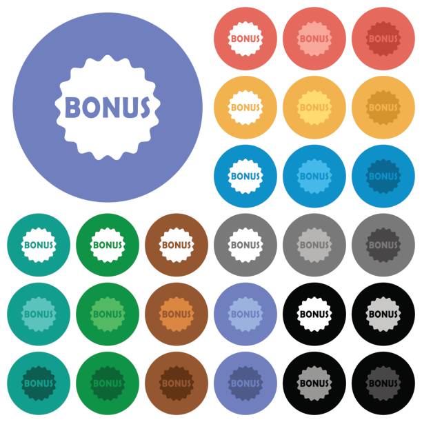 Bonus sticker round flat multi colored icons Bonus sticker multi colored flat icons on round backgrounds. Included white, light and dark icon variations for hover and active status effects, and bonus shades on black backgounds. multi medal stock illustrations