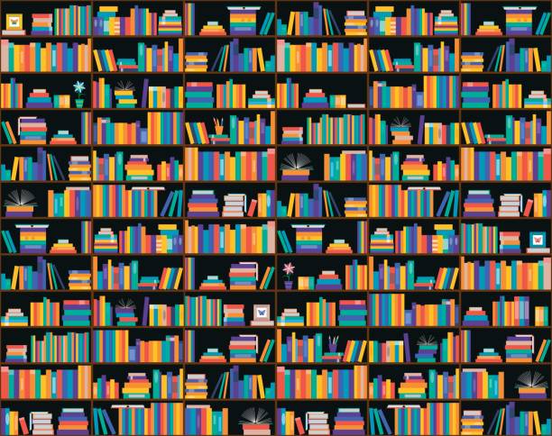 книги на полках, бесшовные узоры. книжный шкаф, библиотека. - book book spine library bookstore stock illustrations