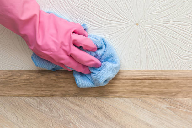 istock Hand in pink protective glove cleaning baseboard on the wooden floor from dust with rag at the wall. Early spring cleaning or regular clean up. Maid cleans house. 671626708