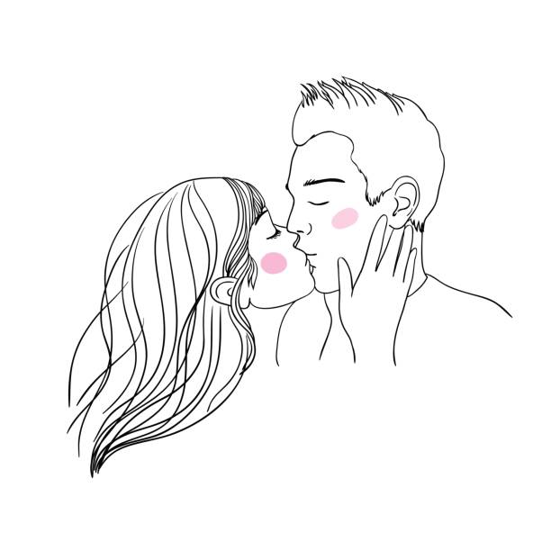 Romantic kiss loving couple. Romantic kiss loving couple. Hand drawing isolated objects on white background. Vector illustration. kissing illustrations stock illustrations