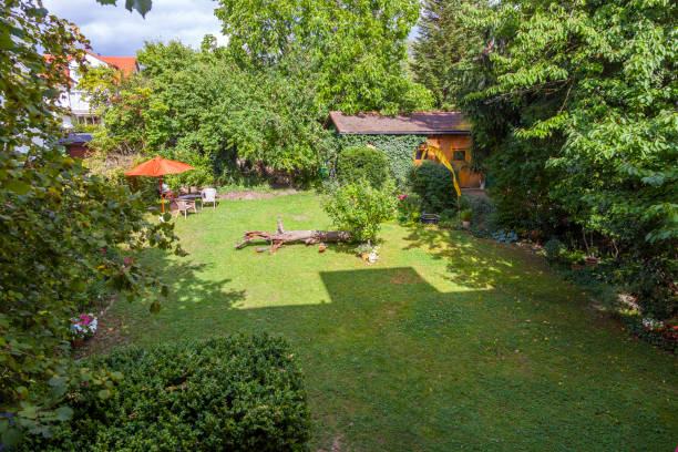 istock garden with hut and umbrella in afternoon sun 671634260