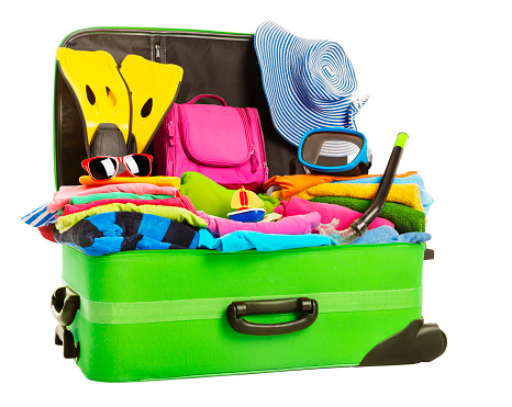 Suitcase, Open Packed Travel Luggage, Vacation Bag Full of Clothes Baggage, Isolated over White Background