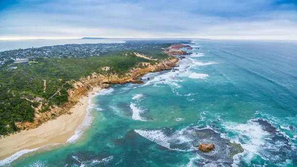 Aerial panorama of Sorrento Back Beach and coastline. Mornington Peninsula, Melbourne, Australia