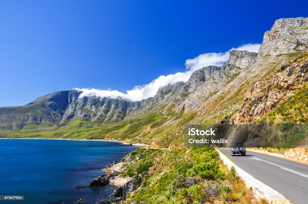 Beautiful mountain scenery along Route 44 in the Western Cape province of South Africa. Located in the eastern part of False Bay near Cape Town between Gordon's Bay and Pringle Bay. False Bay Stock Photo