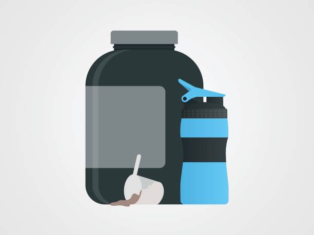 ilustraciones, imágenes clip art, dibujos animados e iconos de stock de frasco suero proteína mide la taza de la coctelera - talcum powder illustrations