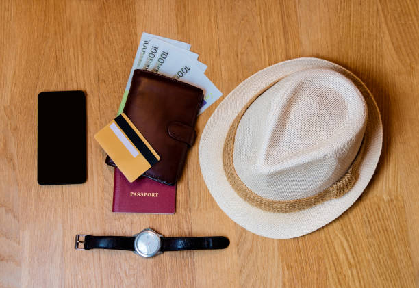 istock Hat, wallet, passport  prepared for the trip 671678868
