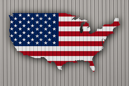 Map and flag of the USA on corrugated iron