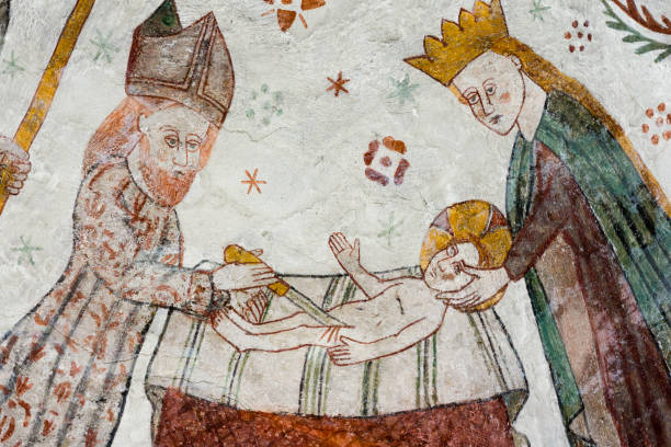 The Circumcision of Jesus Medieval fresco of the Circumcision of Jesus by the priest Zacharias, Tingsted church, Denmark - April 11, 2017 medieval fresco stock pictures, royalty-free photos & images