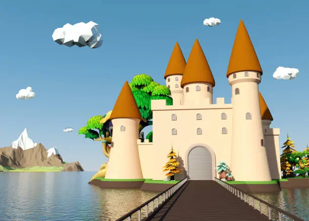 Photo of Cartoon medieval castle on island with beautiful landscape