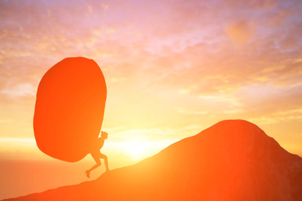 silhouette of woman silhouette of woman push stone on mountain with sunset female mountain biker silhouette stock pictures, royalty-free photos & images