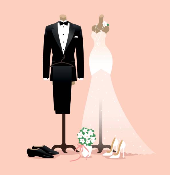 Bride and groom wedding outfits Bride and groom wedding outfits on mannequins, pastel pink background. bride illustrations stock illustrations