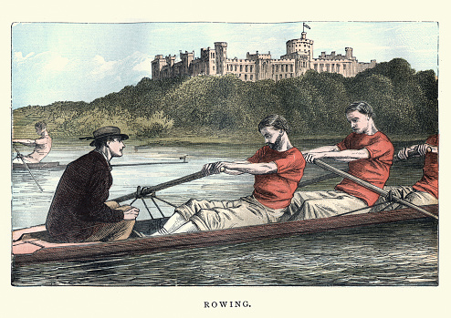 Vintage engraving of Victorian men rowing on the Thames, 19th Century