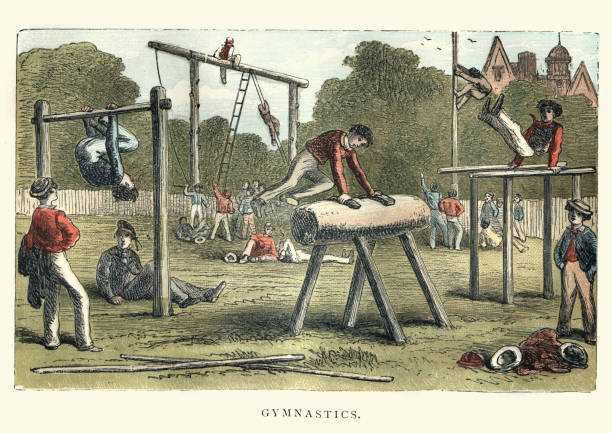 illustrations, cliparts, dessins animés et icônes de victoriens garçons pratiquer la gymnastique - vintage toning